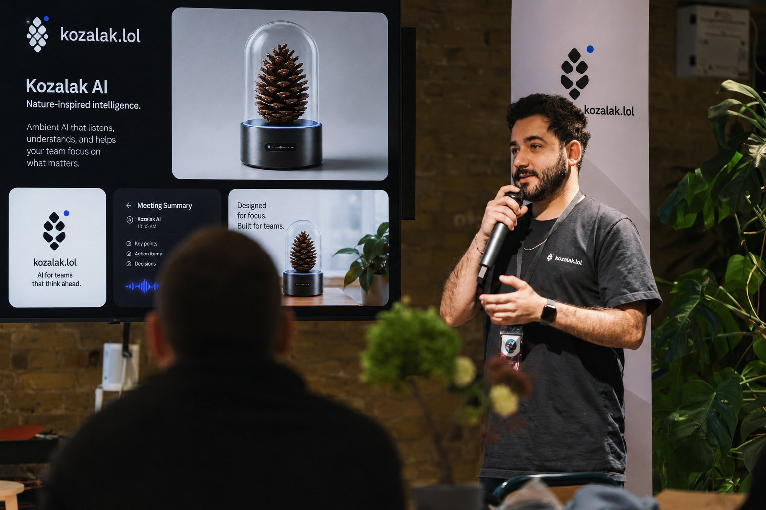 Kozalak AI team member speaking at a product presentation